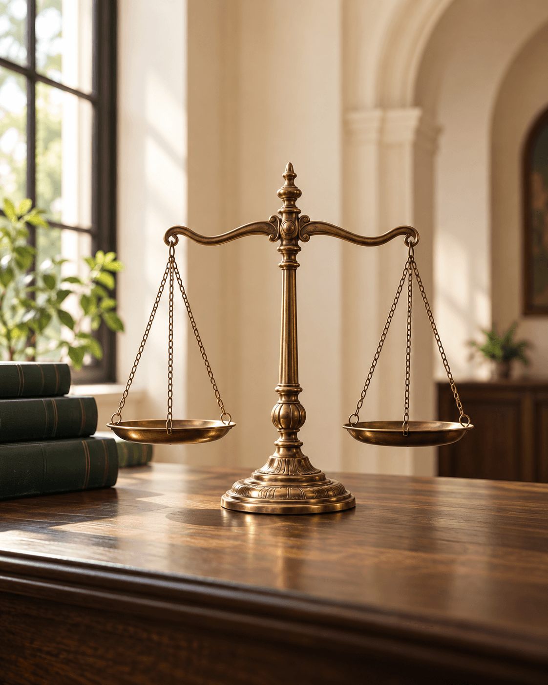 Brass scales of justice beside law books in warm natural light